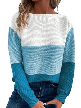 Women's Blue 1 Long Sleeve Crew Neck Color Block Fall Fashion Pullover Sweaters